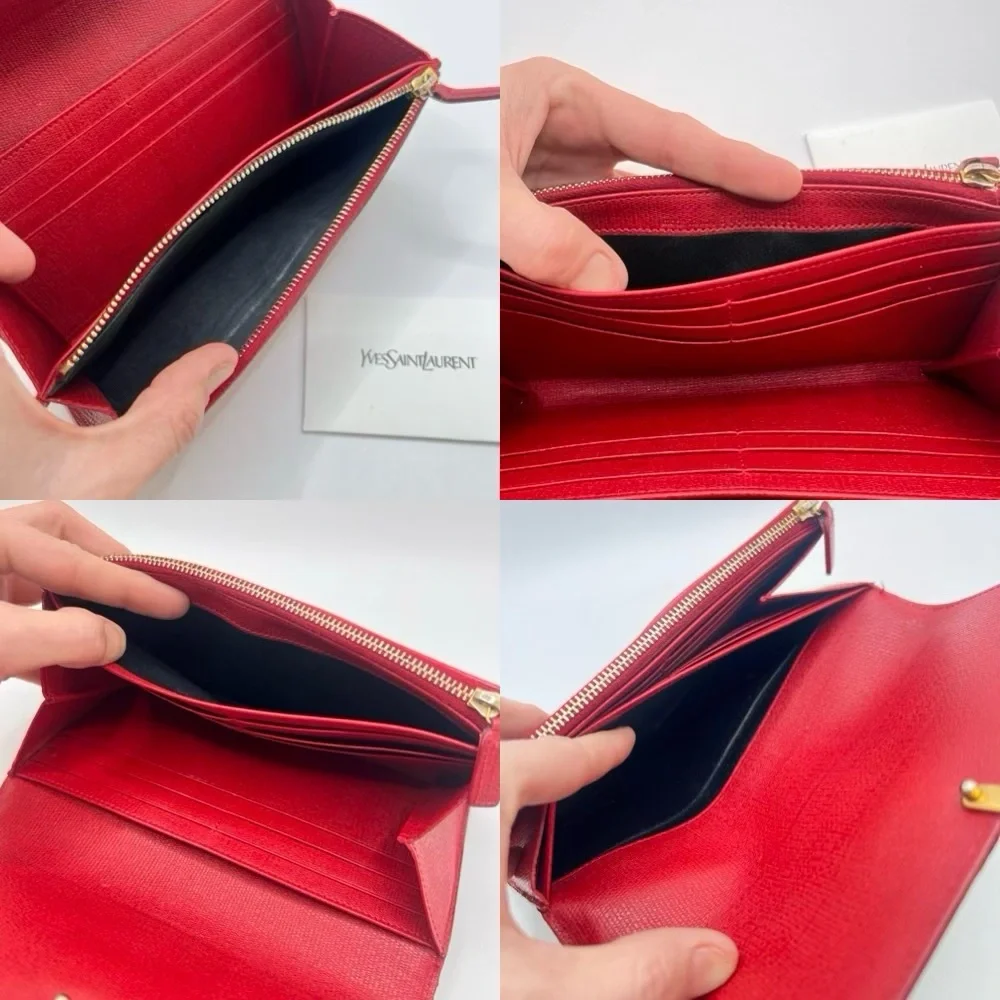 Authentic YSL Yves Saint Laurent Red Leather Classic Y-Ligne Wallet W/ Care Card